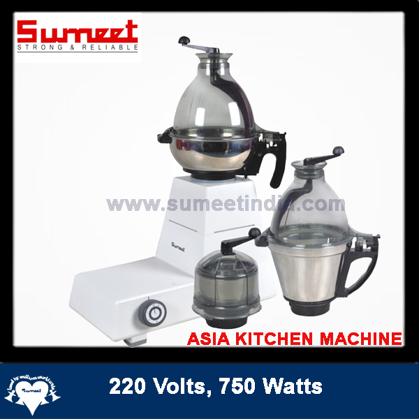 Sumeet Asia Kitchen Machine Mixer Grinder (AKM) | 220 Volts  |  750 Watts | With 350ML Spice/ Chutney Jar ,750ML(AKM AG JAR) & 1.2L Stainless Steel Jars with Dome Lids | White Color