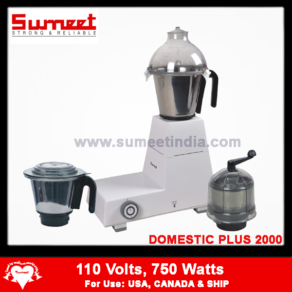 Sumeet Domestic Plus Mixer Grinder (2000) | 750 Watts | 110V |  With 350ML Spice/ Chutney Jar ,1L SS Jar & 1.5L Stainless Steel Juicer Jar | White Color