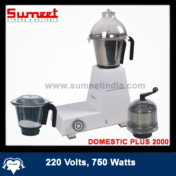Sumeet Domestic Plus Mixer Grinder (2000)  | 220 Volts| 750 Watts | With 350ML Spice/ Chutney Jar ,1L SS Jar & 1.5L Stainless Steel Juicer Jar | White Color