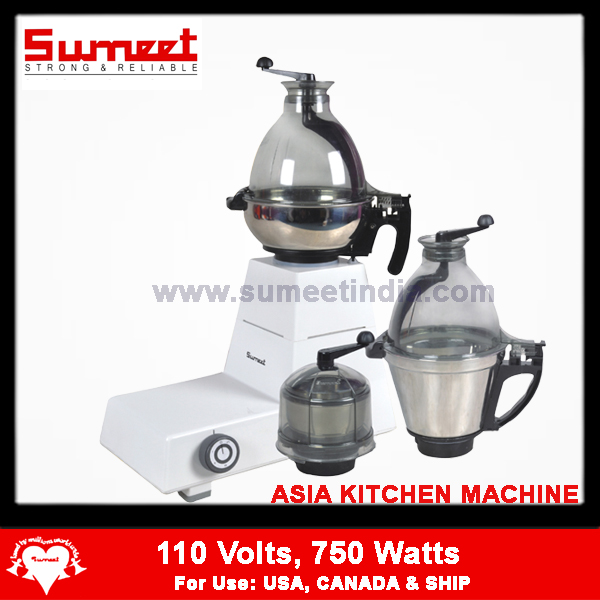 Sumeet Asia Kitchen Machine Mixer Grinder (110V), (AKM) | 750 Watts | With 350ML Spice/ Chutney Jar ,750ML(AKM AG JAR) & 1.2L Stainless Steel Jars with Dome Lids | White Color