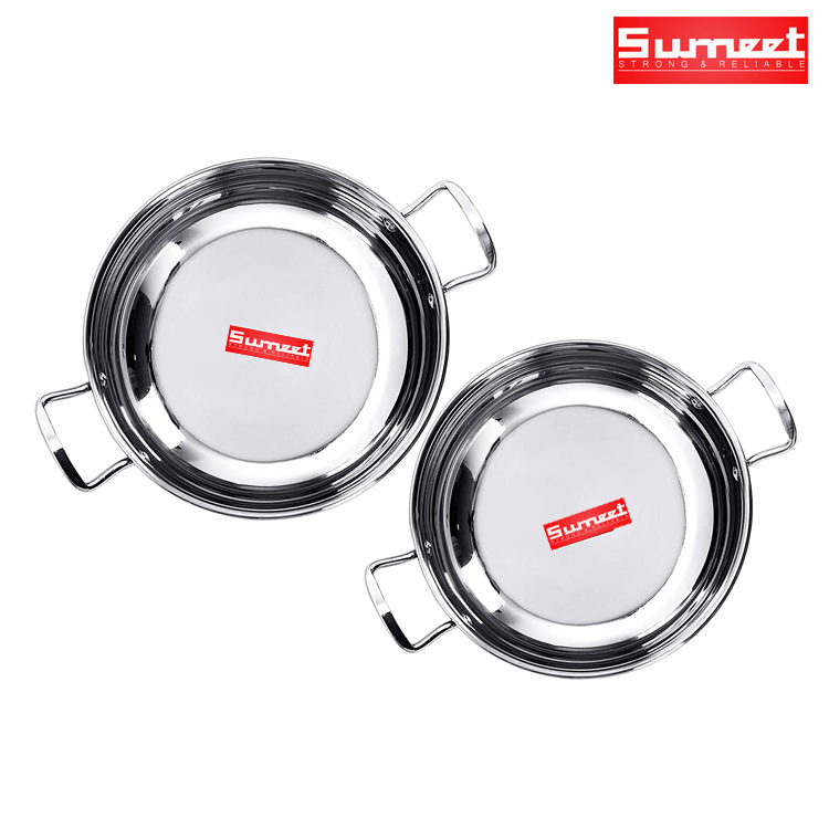 Sumeet Stainless Steel Encapsulated Bottom induction and Gas Stove Friendly Kadhai (Size no 12 and 13, 1.9L and 2.3L) – Set of 2