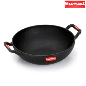 Sumeet Pre Seasoned Heavy Weight Cast Iron Deep Kadai, Induction Friendly, 27cm, 3150ml, Weight - 2.770Kg, Black