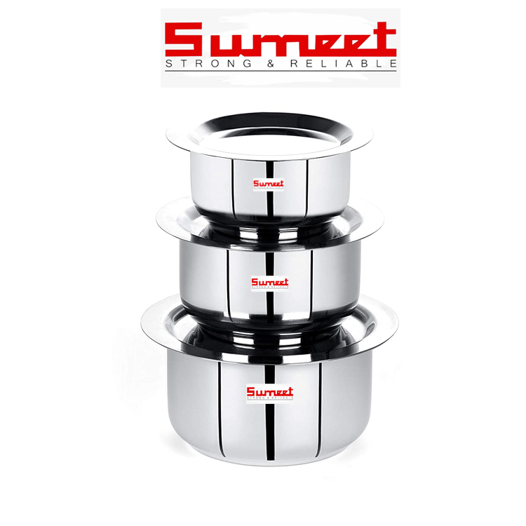 Sumeet Stainless Steel Tope/patila/cookware With Lids, 370, 550, 800ml, 3 Piece (Steel)