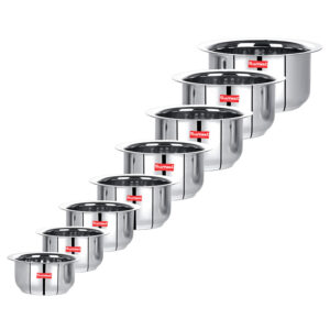 Sumeet Stainless Steel Tope/patila/cookware, 370ML, 550ML, 800ML, 1100ML,1400ML, 1800ML, 2300ML, 3000ML, 8 Piece (Steel)