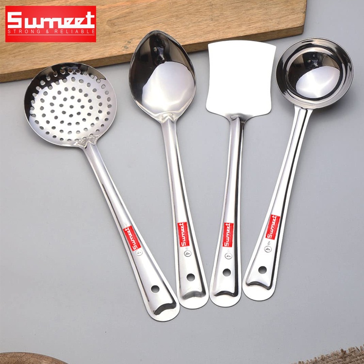Sumeet Kitchen Tools Stainless Steel Heavy Gauge Non-Stick 4 Piece Set of Ladle (Karchhi), Skimmer (Jhara), Solid Spoon (Chamcha) and Slotted Turner/Spatula (Palta) for Cooking/Frying/Stirring/Basting