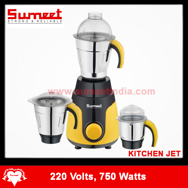 Sumeet  Mixer Grinder  | 220 Volts  |  750 Watts | With 350ML Chutney Jar | 1 L Stainless Steel Jars |1.2L Stainless Steel Jars with Dome Lids | Yellow & Black Color