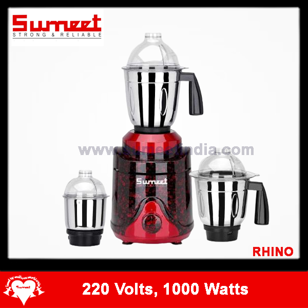 Sumeet  Mixer Grinder  | 220 Volts  |  1000 Watts | ST 905|  RHINO | With 350ML Chutney Jar | 1.2 L Stainless Steel Jars |1.5L Stainless Steel Jars with Dome Lids | Black Red Color
